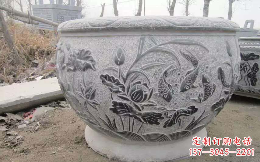 陕西仿古雕刻鲤鱼石浮雕水缸