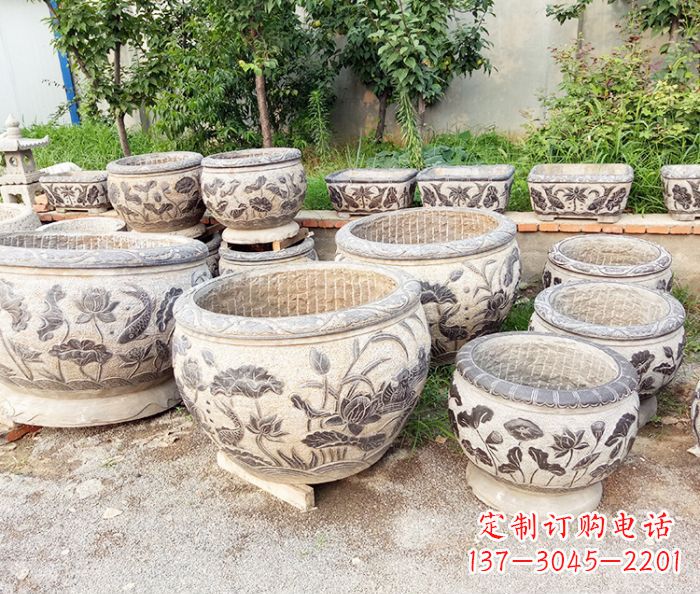 陕西仿古石雕鲤鱼浮雕水缸