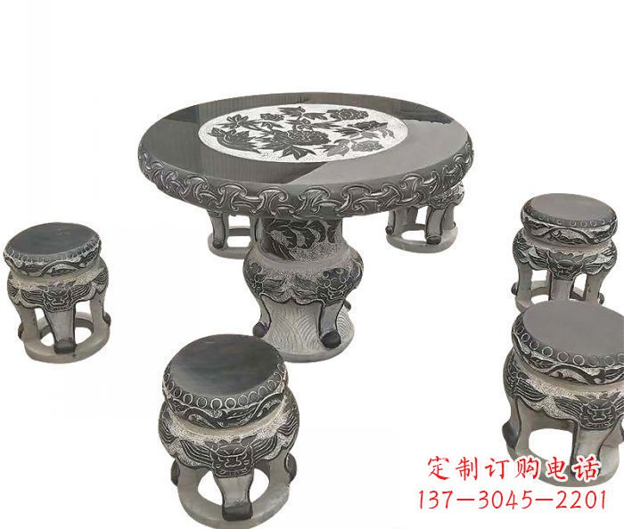 陕西仿古圆形石桌凳雕塑