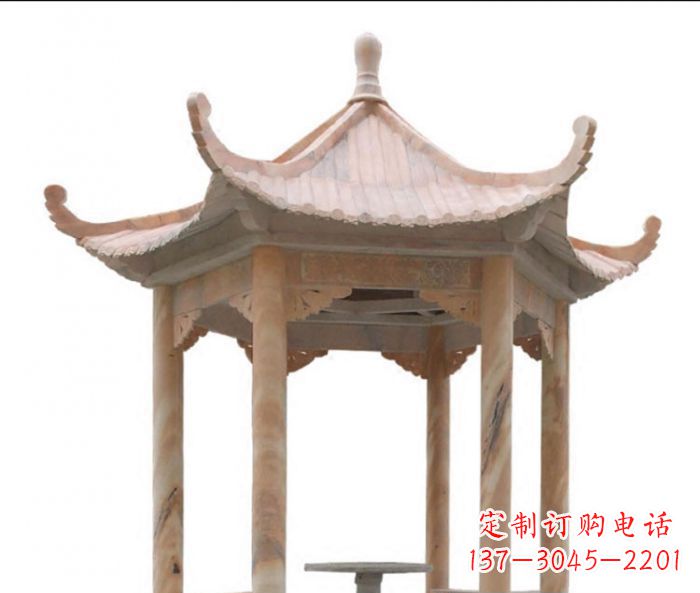 陕西美丽而优雅的公园晚霞红六角石凉亭雕塑