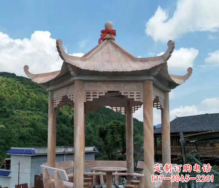陕西一流的公园晚霞红六角石雕凉亭