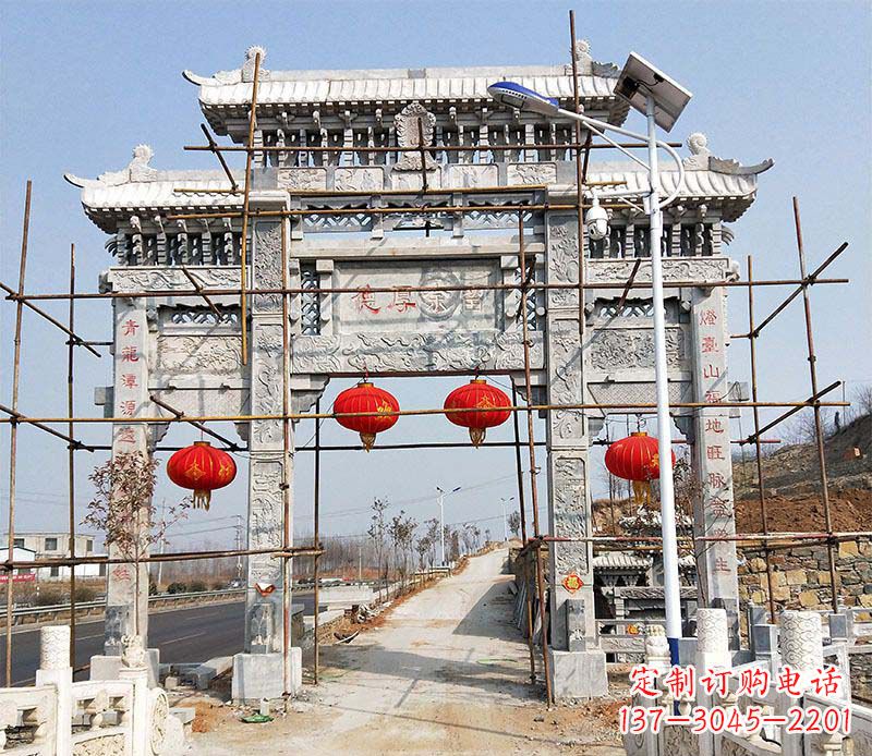 陕西传统工艺精致三门牌坊石雕