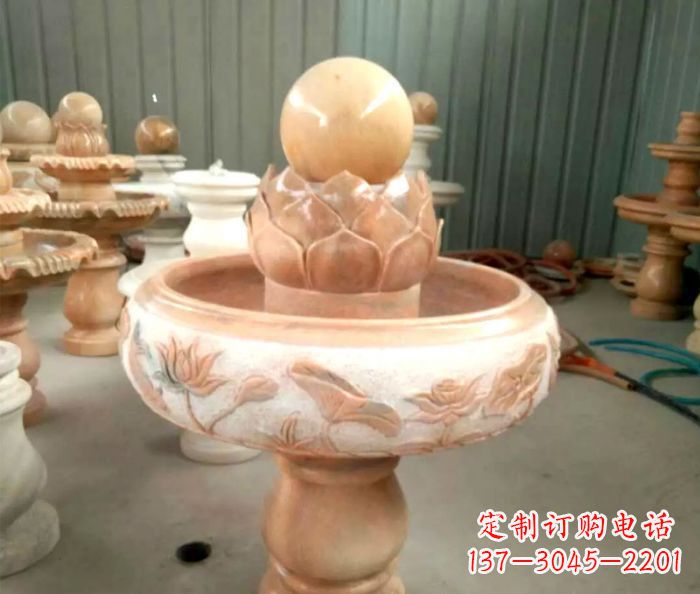 陕西石来运转晚霞红风水球喷泉石雕