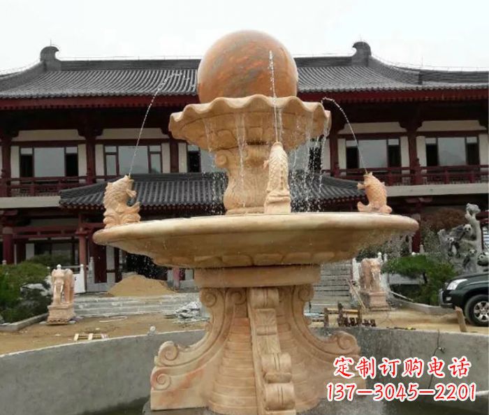 陕西双层风水球喷泉晚霞红石雕