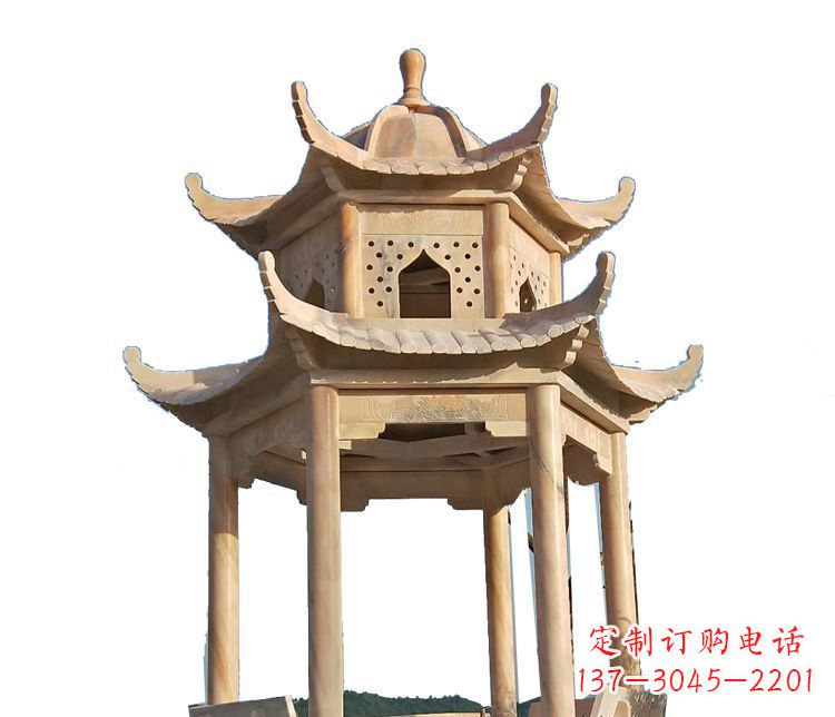 陕西双层晚霞红凉亭石雕 (2)