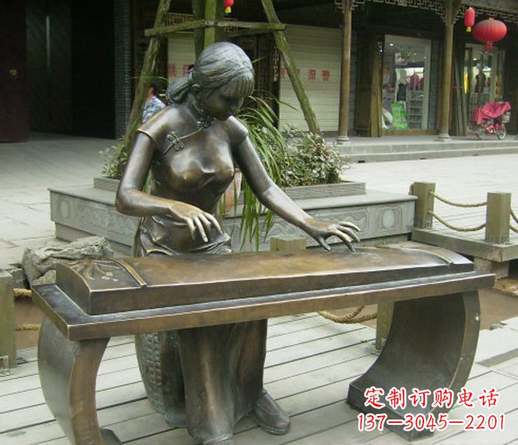 陕西铜雕现代人物弹古筝雕塑