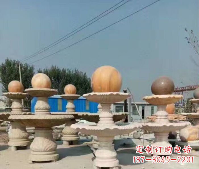 陕西晚霞红多层风水球喷泉石雕