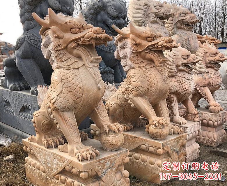 陕西晚霞红麒麟石雕 (2)