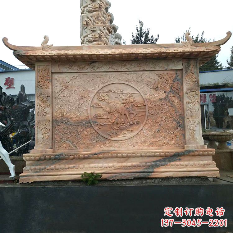 陕西晚霞红麒麟影壁墙石雕