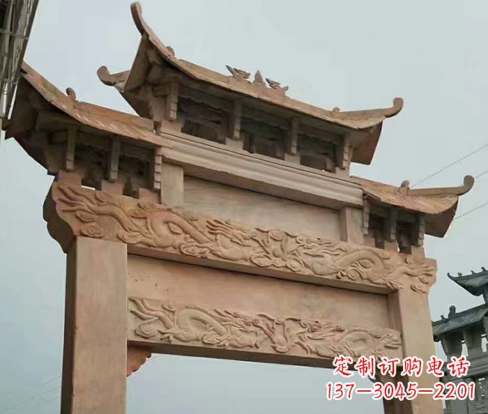 陕西晚霞红石雕单门牌坊