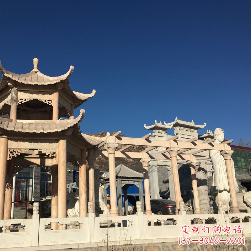 陕西晚霞红石雕凉亭花架