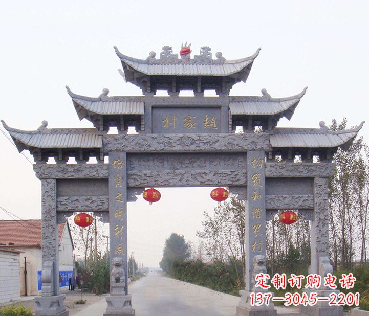 陕西晚霞红石雕牌坊
