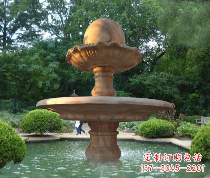 陕西晚霞红双层风水球喷泉公园石雕
