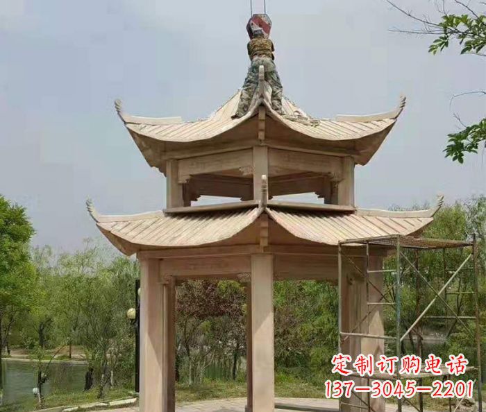 陕西晚霞红双层凉亭石雕 (2)