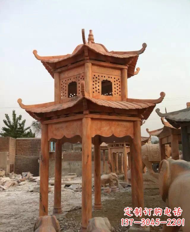 陕西晚霞红双层凉亭石雕