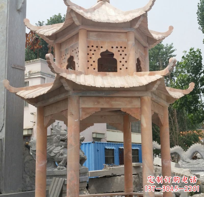 陕西晚霞红双层六角凉亭石雕 (2)