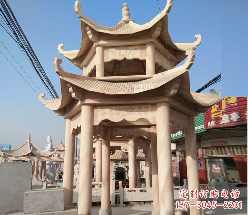 陕西晚霞红双层六角凉亭石雕 (3)
