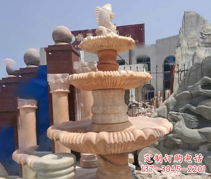 陕西园林景观晚霞红鲤鱼喷泉石雕