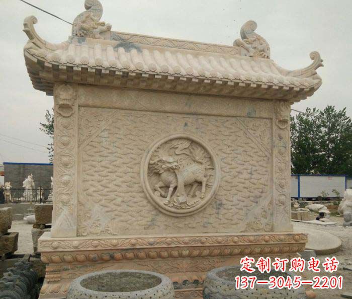 陕西园林景观晚霞红石雕影壁