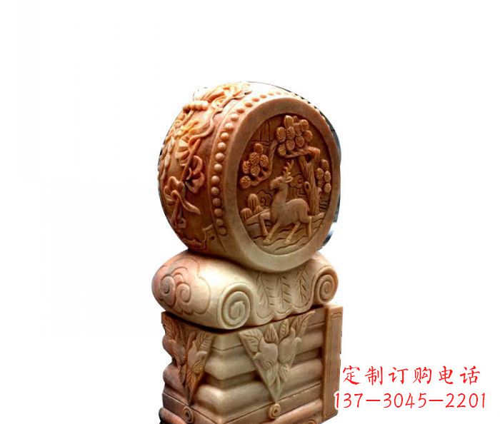 陕西招财石门墩晚霞红抱鼓石